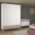 Armoire 3 portes blanche et 1 tiroir avec façade finition aspect bois - BORGALL