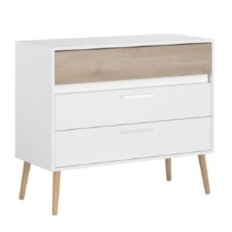 Commode 3 tiroirs blanche avec façade supérieure finition aspect bois - BORGALL