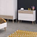 Commode 3 tiroirs blanche avec façade supérieure finition aspect bois - BORGALL