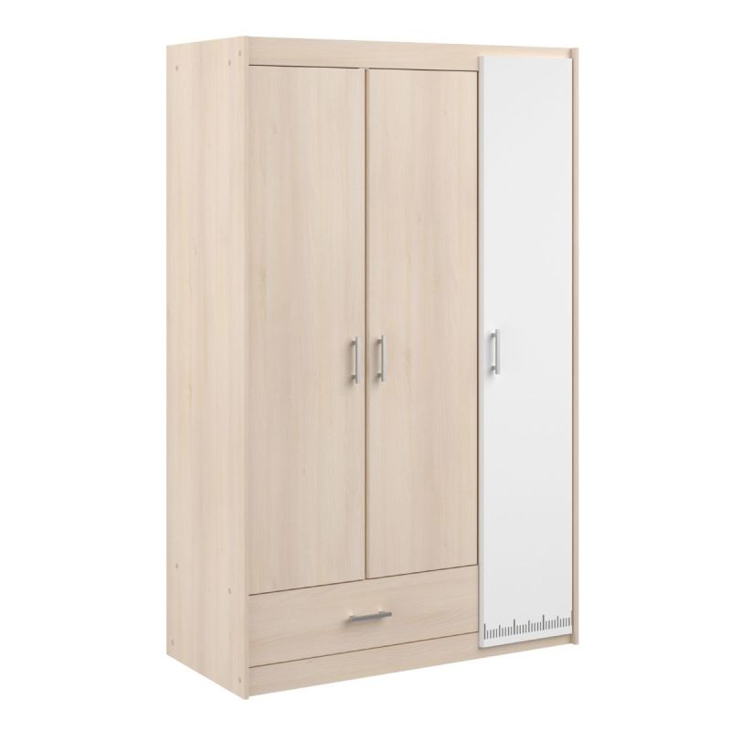 Armoire 3 portes 1 tiroir aspect bois avec 1 porte blanche sérigraphiée - CHARLINE