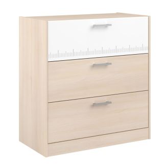 Commode 3 tiroirs aspect bois façade supérieure blanche sérigraphiée - CHARLINE