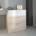 Commode 3 tiroirs aspect bois façade supérieure blanche sérigraphiée - CHARLINE