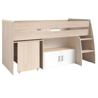 Lit 90x200 combiné avec bureau aspect bois et façades blanches sérigraphiées - CHARLINE