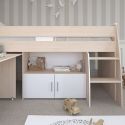 Lit 90x200 combiné avec bureau aspect bois et façades blanches sérigraphiées - CHARLINE