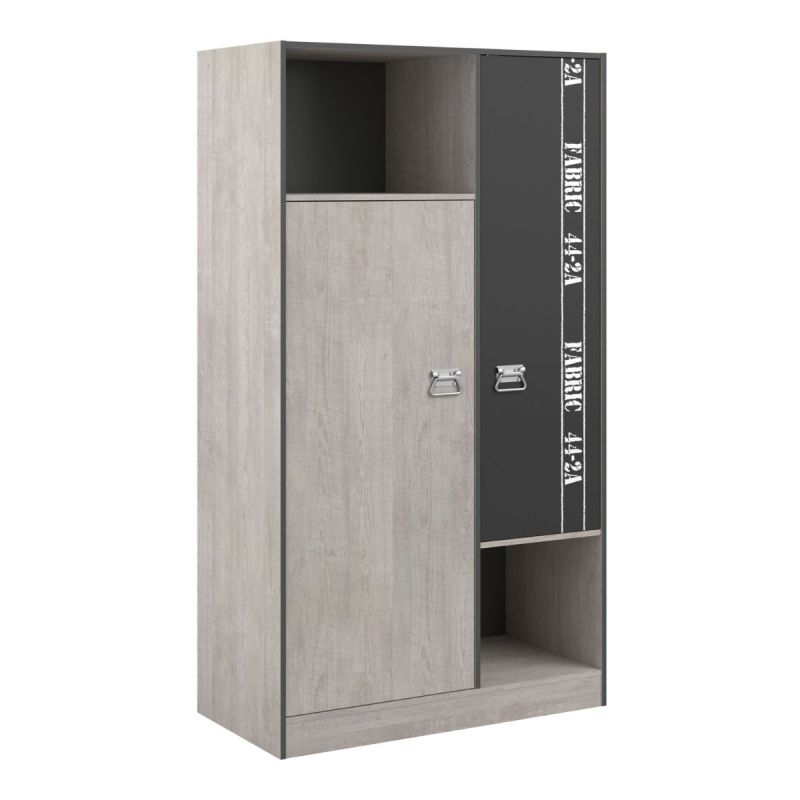 Armoire 2 portes aspect bois grisé avec 1 porte anthracite sérigraphiée - ZIGGY