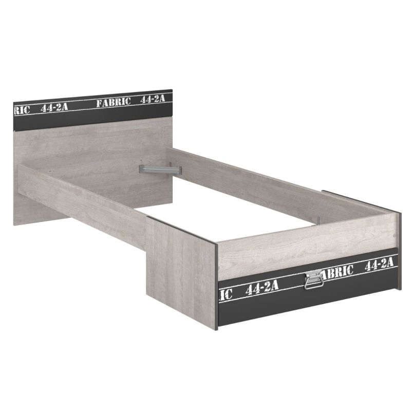 Lit 90x200 aspect bois grisé tête et pied de lit tiroir anthracite sérigraphiés - ZIGGY