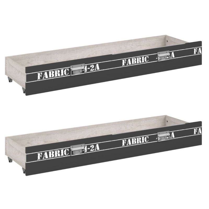 Lot de 2 tiroirs de lit aspect bois grisé façade anthracite sérigraphiée - ZIGGY