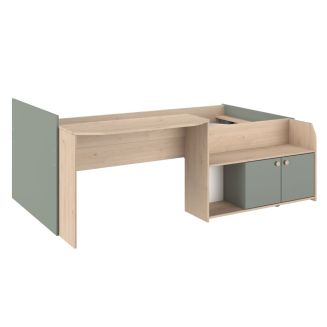 Lit 90x200 combiné avec bureau et rangements aspect bois et vert céladon - ADELINE