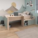 Lit 90x200 combiné avec bureau et rangements aspect bois et vert céladon - ADELINE
