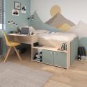 Lit 90x200 combiné avec bureau et rangements aspect bois et vert céladon - ADELINE
