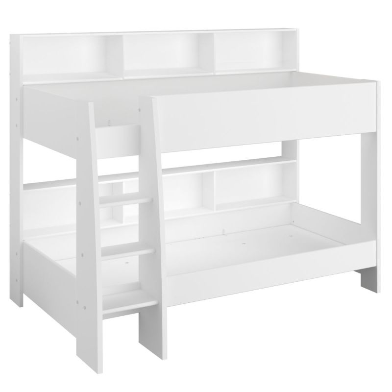 Lits 90x200 superposés blanc avec niches fond aspect bois ou blanches - LEANE