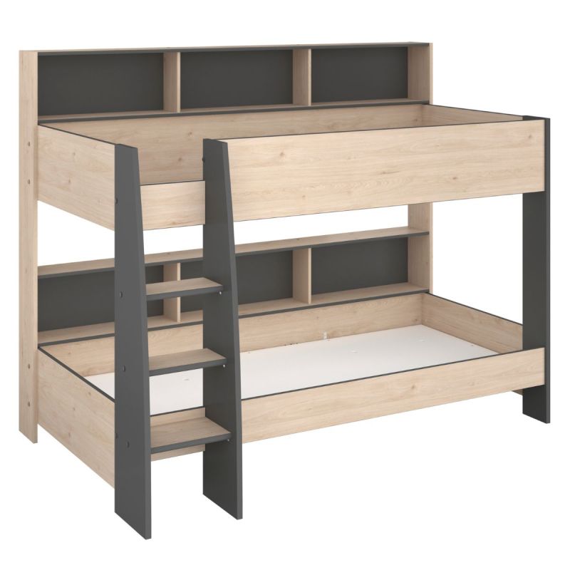 Lits 90x200 superposés aspect bois avec niches fond anthracite - LEANE