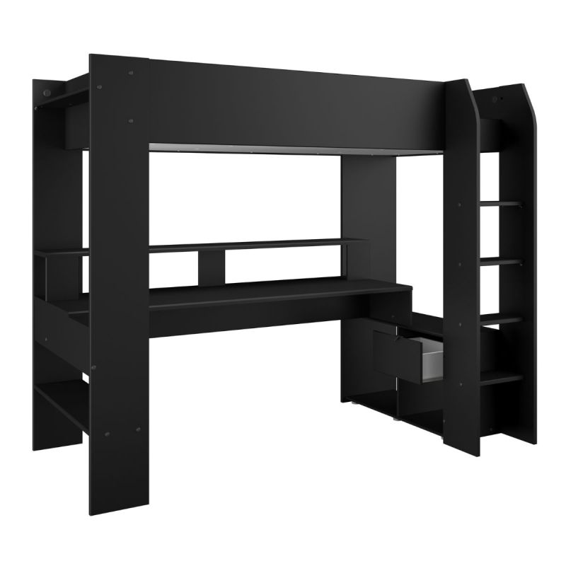 Lit surélevé 90x200 noir avec étagères et bureau gaming + leds - PLAYIT