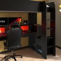 Lit surélevé 90x200 noir avec étagères et bureau gaming + leds - PLAYIT