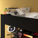Lit surélevé 90x200 noir avec étagères et bureau gaming + leds - PLAYIT
