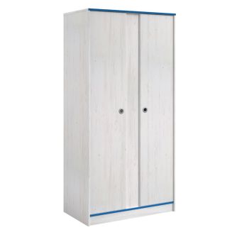 Armoire 2 portes aspect bois blanchi avec chants bleus en façade - MISYA
