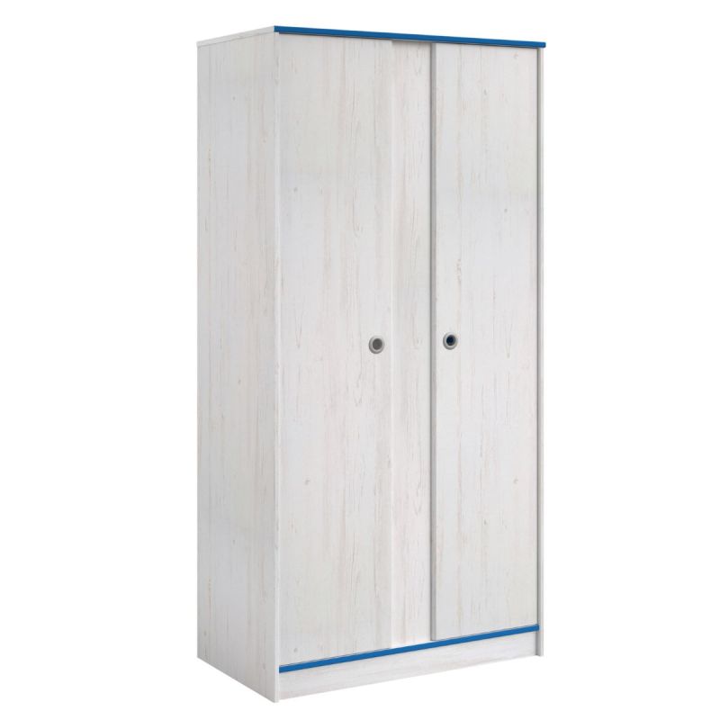 Armoire 2 portes aspect bois blanchi avec chants bleus en façade - MISYA