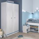 Armoire 2 portes aspect bois blanchi avec chants bleus en façade - MISYA