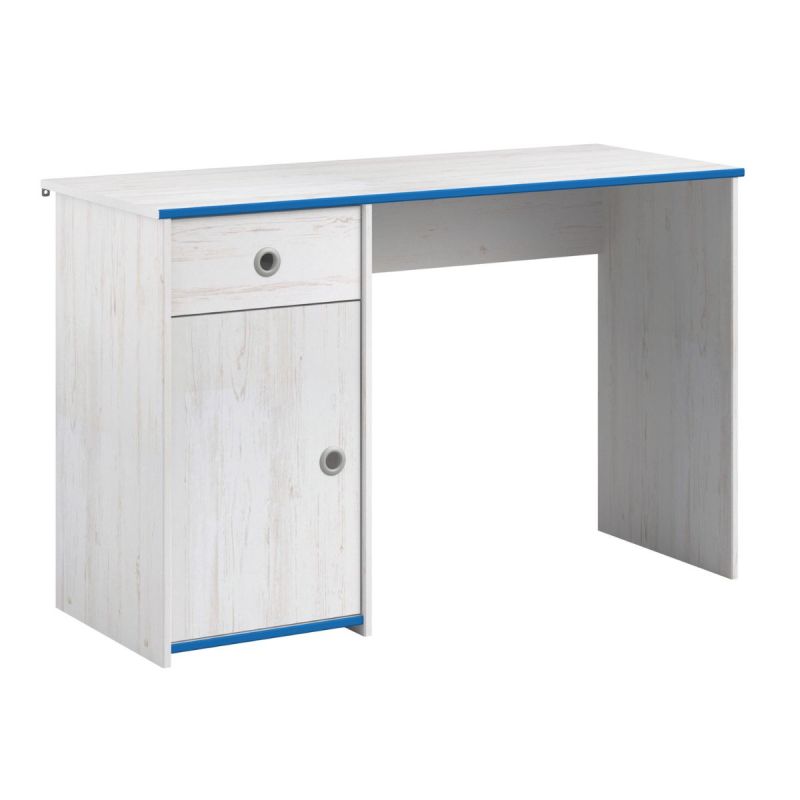 Bureau 1 porte 1 tiroir aspect bois blanchi avec chants bleus en façade - MISYA