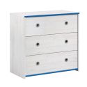 Commode 3 tiroirs aspect bois blanchi avec chants bleus en façade - MISYA