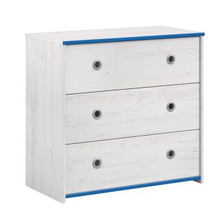 Commode 3 tiroirs aspect bois blanchi avec chants bleus en façade - MISYA