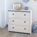 Commode 3 tiroirs aspect bois blanchi avec chants bleus en façade - MISYA