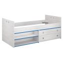 Lit 90x200 avec tiroirs et niches aspect bois blanchi chants bleus en façade - MISYA