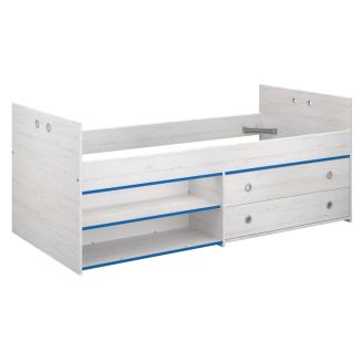Lit 90x200 avec tiroirs et niches aspect bois blanchi chants bleus en façade - MISYA