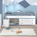 Lit 90x200 avec tiroirs et niches aspect bois blanchi chants bleus en façade - MISYA
