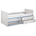 Lit 90x200 avec tiroirs et niches aspect bois blanchi chants bleus en façade - MISYA