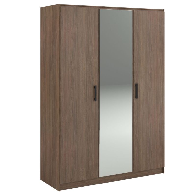 Armoire 3 portes avec 1 miroir central aspect bois teinté noyer - KASUAL