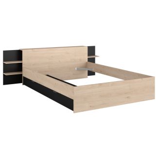 Lit 140x190/200 aspect bois et noir tête de lit tablettes - NORTH