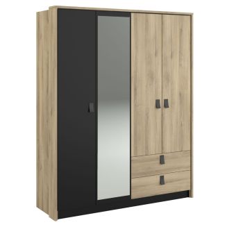 Armoire 4 portes avec 1 miroir et 2 tiroirs aspect bois et noir - ELOUAN
