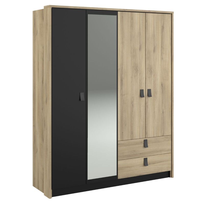 Armoire 4 portes avec 1 miroir et 2 tiroirs aspect bois et noir - ELOUAN