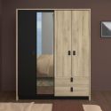 Armoire 4 portes avec 1 miroir et 2 tiroirs aspect bois et noir - ELOUAN