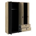 Armoire 4 portes avec 1 miroir et 2 tiroirs aspect bois et noir - ELOUAN