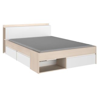 Lit 140x200 avec rangements aspect bois et blanc - FLEST