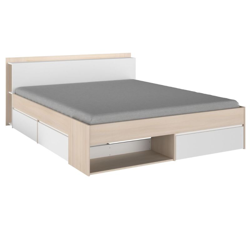 Lit 160x200 avec rangements aspect bois et blanc - FLEST