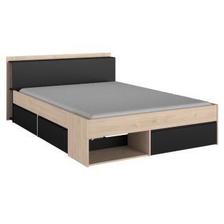 Lit 140x200 avec rangements aspect bois et noir - FLEST