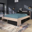 Lit 160x200 avec rangements aspect bois et noir - FLEST