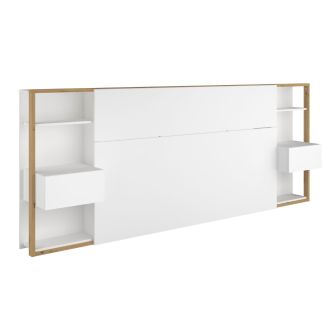 Tête de lit avec chevets suspendus et tablettes blanc et aspect bois - KATELL