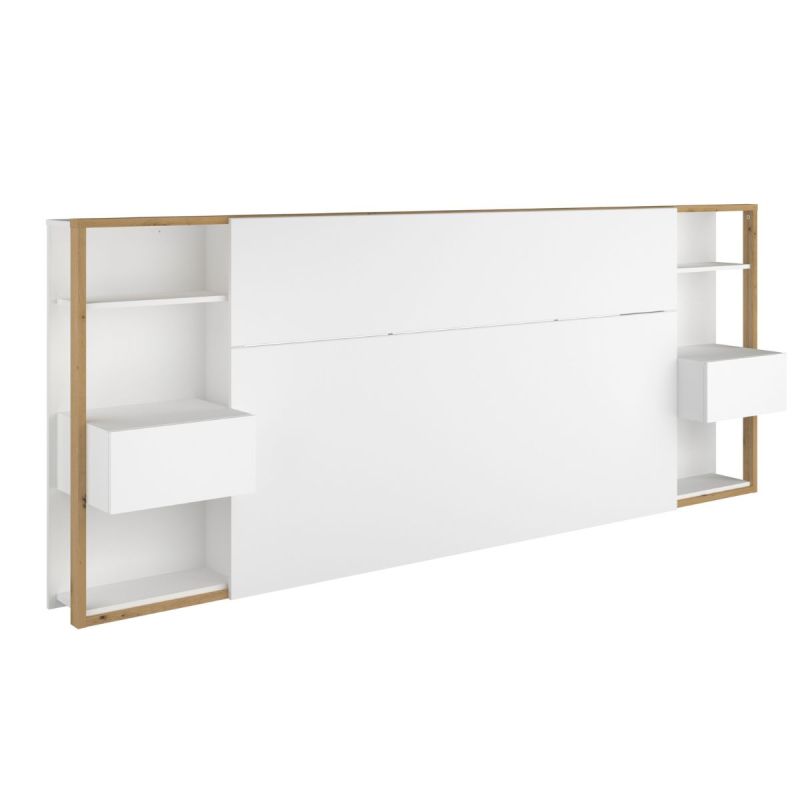Tête de lit avec chevets suspendus et tablettes blanc et aspect bois - KATELL
