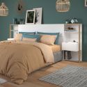 Tête de lit avec chevets suspendus et tablettes blanc et aspect bois - KATELL