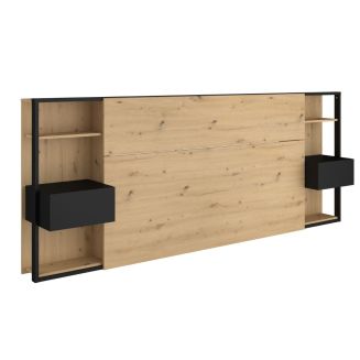Tête de lit avec chevets suspendus et tablettes aspect bois et noir - KATELL