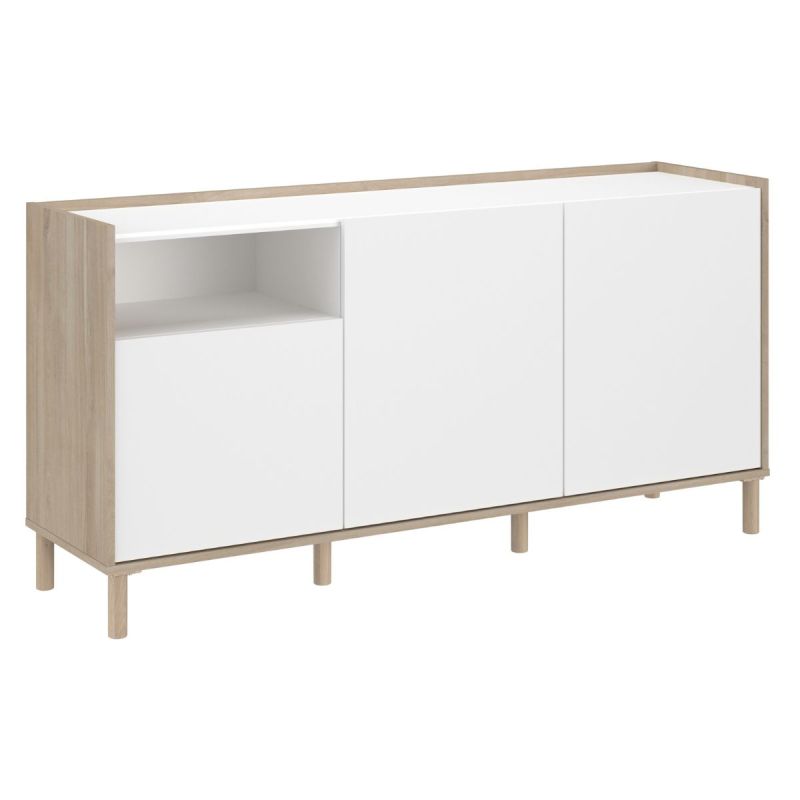Buffet 3 portes 1 niches blanc et aspect bois clair - ORPHÉE