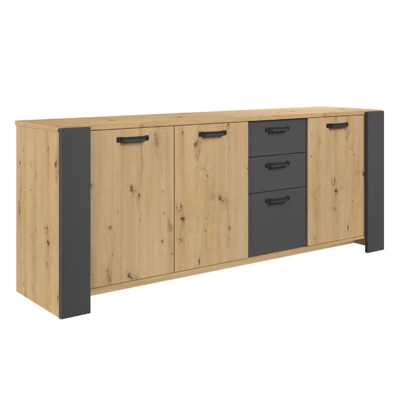 Buffet 3 portes aspect chêne et 3 tiroirs façades anthracite - YOUENN