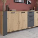 Buffet 3 portes aspect chêne et 3 tiroirs façades anthracite - YOUENN