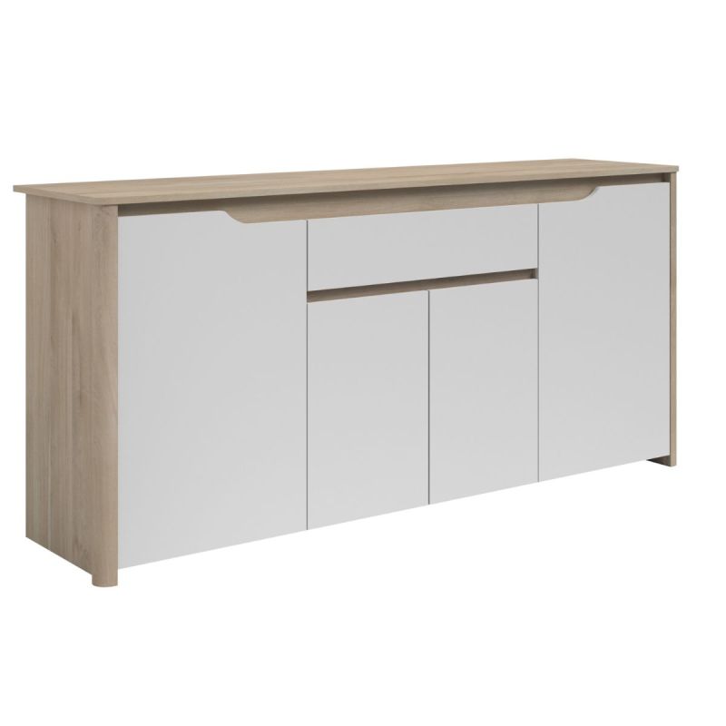 Buffet 4 portes 2 tiroirs aspect bois clair façades blanches - TIFFENE