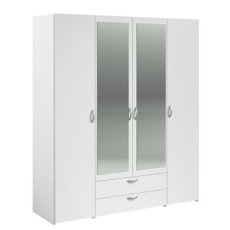 Armoire 4 portes 2 tiroirs blanche avec miroir - AMAEL
