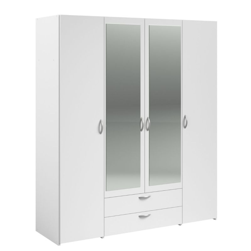 Armoire 4 portes 2 tiroirs blanche avec miroir - AMAEL